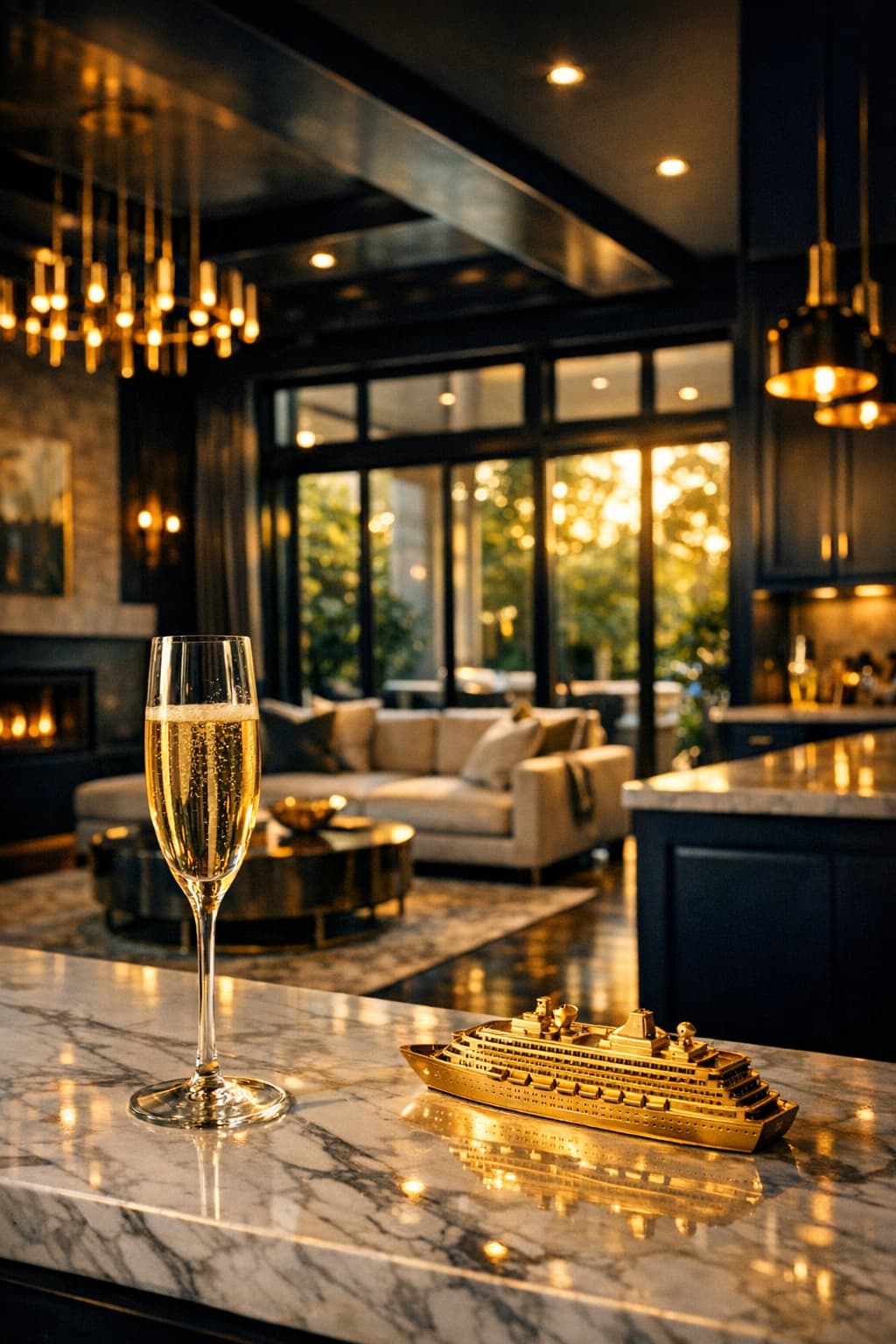 Luxury new construction home interior with gold accents and a champagne glass and cruise ship figurine on a marble countertop, evoking a high-end Houston real estate experience.