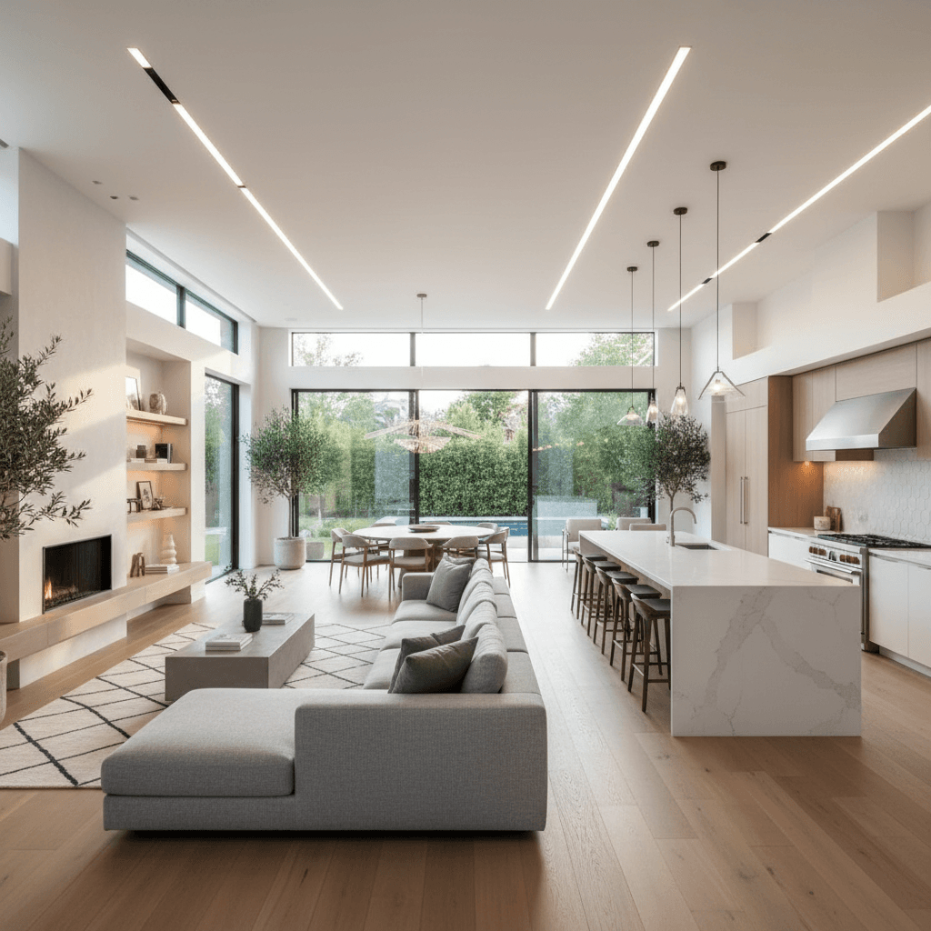 Open concept living room with modern kitchen