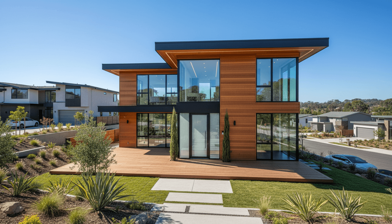 Modern new construction home with contemporary architecture and manicured landscaping