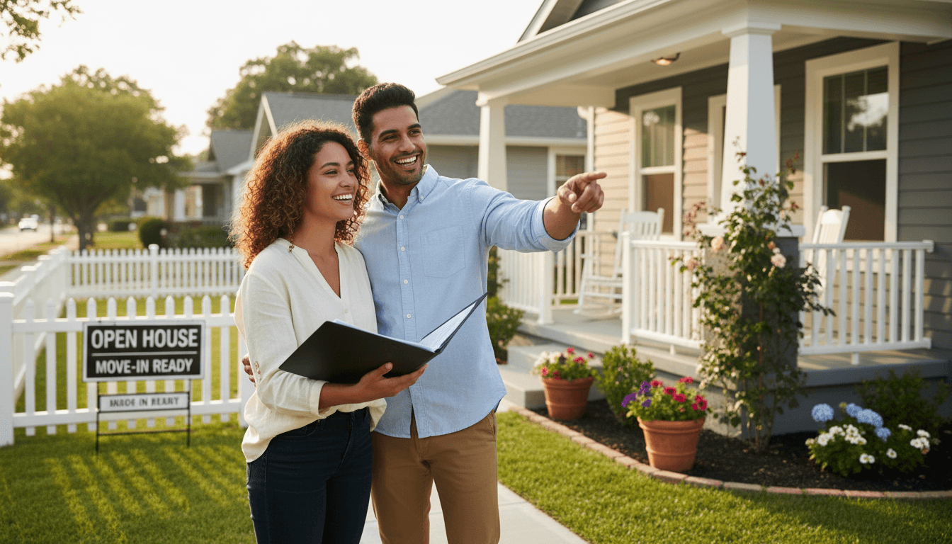 Young diverse couple smiling in front of affordable single-family home with property documents under golden sunlight