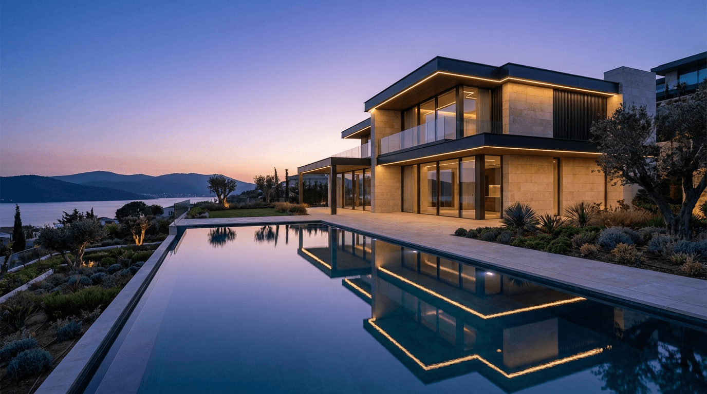 Modern new construction home with luxury finishes and water view at sunset