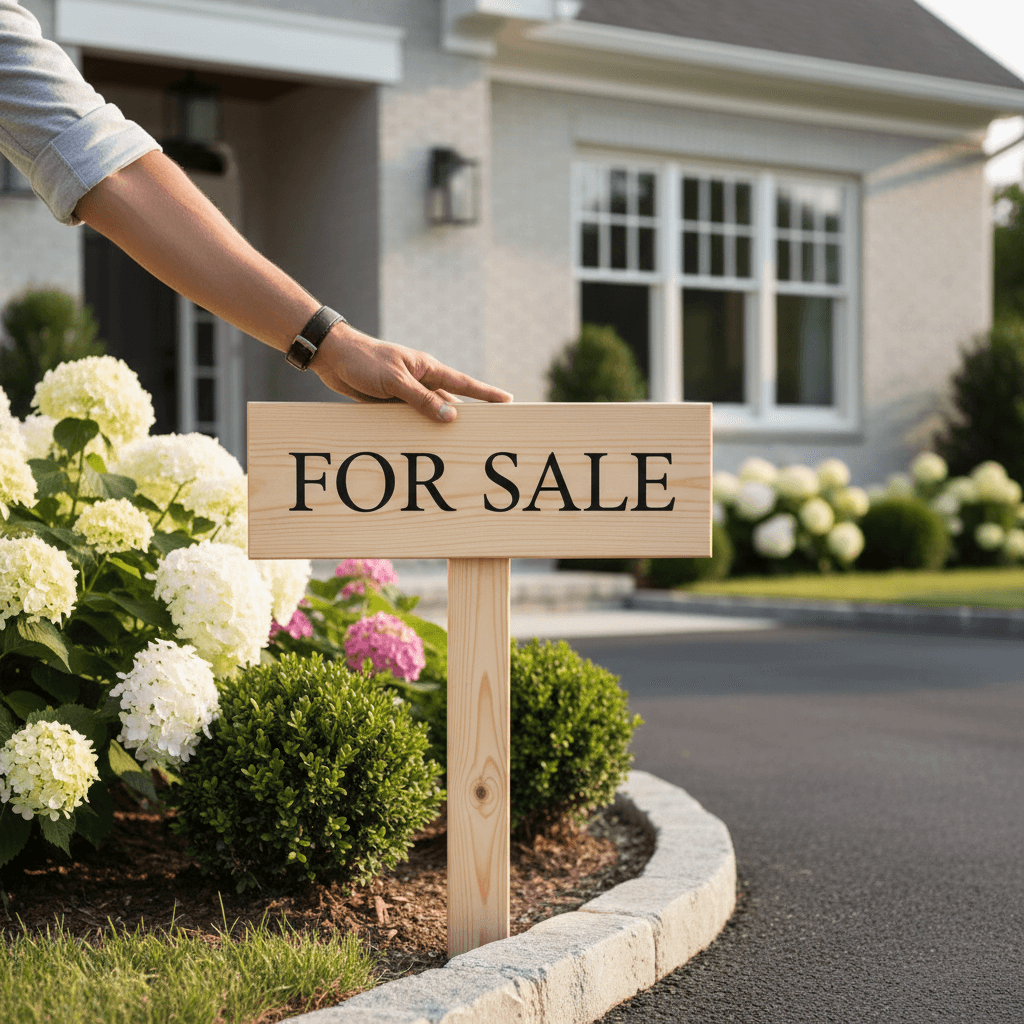 Wooden 'For Sale' sign being placed at residential property curb with manicured landscaping in background