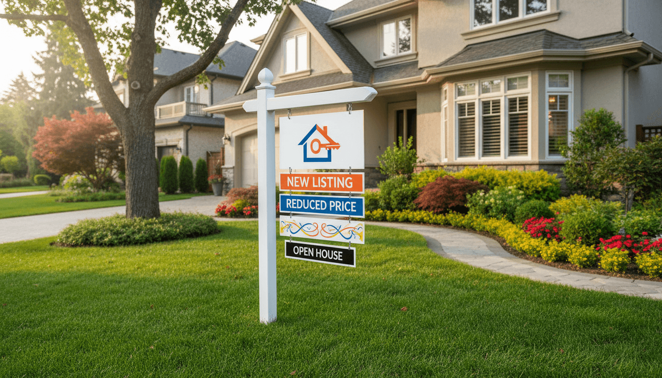 Large custom real estate yard sign with stacked color riders featuring property highlights positioned in residential front lawn