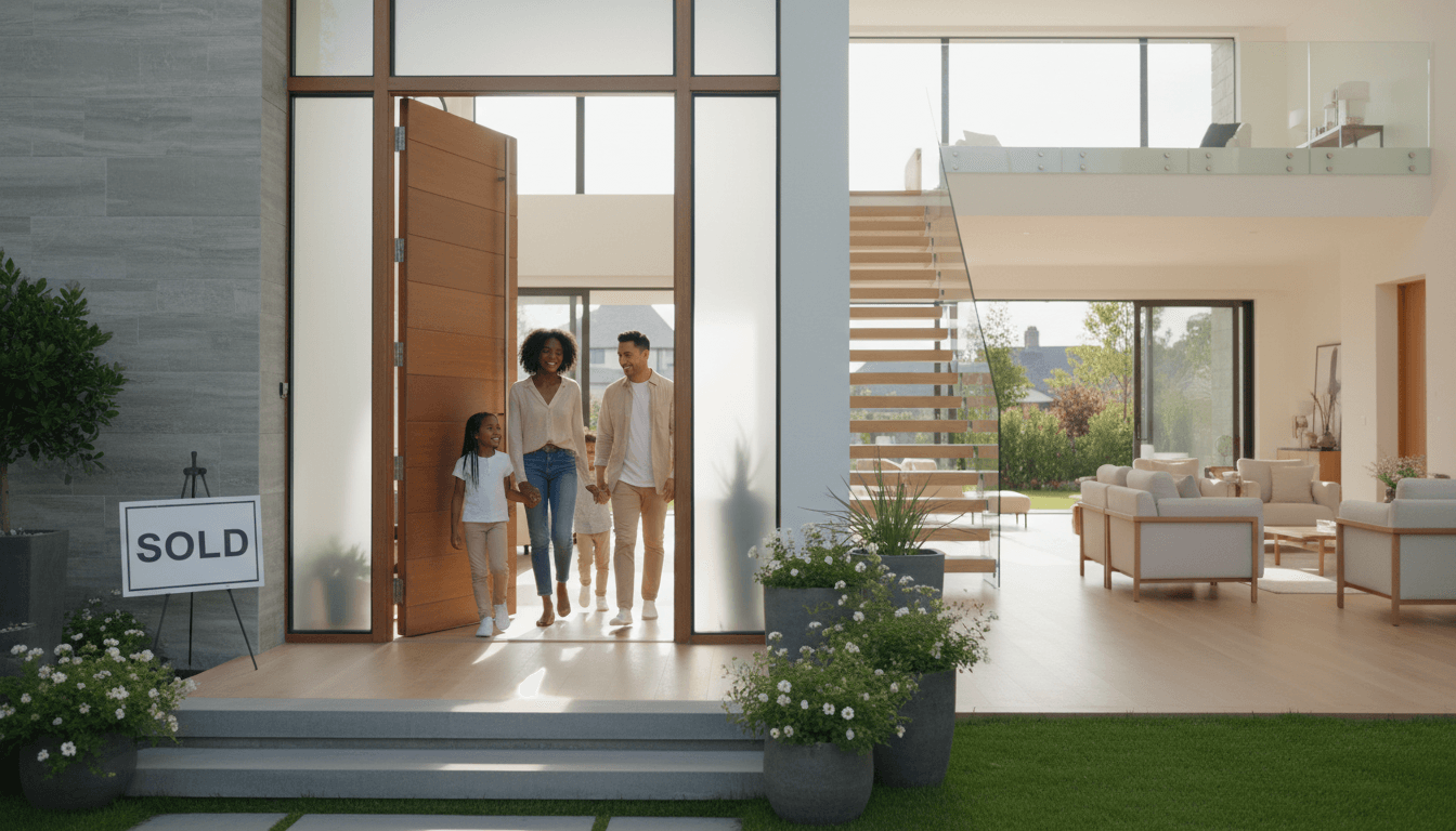 Diverse family joyfully entering their new home through bright entryway with natural sunlight and hardwood flooring
