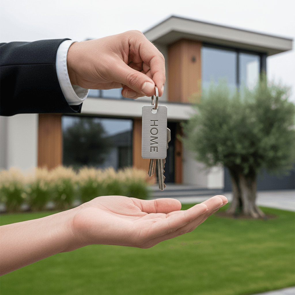 Close-up of silver house keys with modern tag held by real estate professional with residential home visible in blurred background