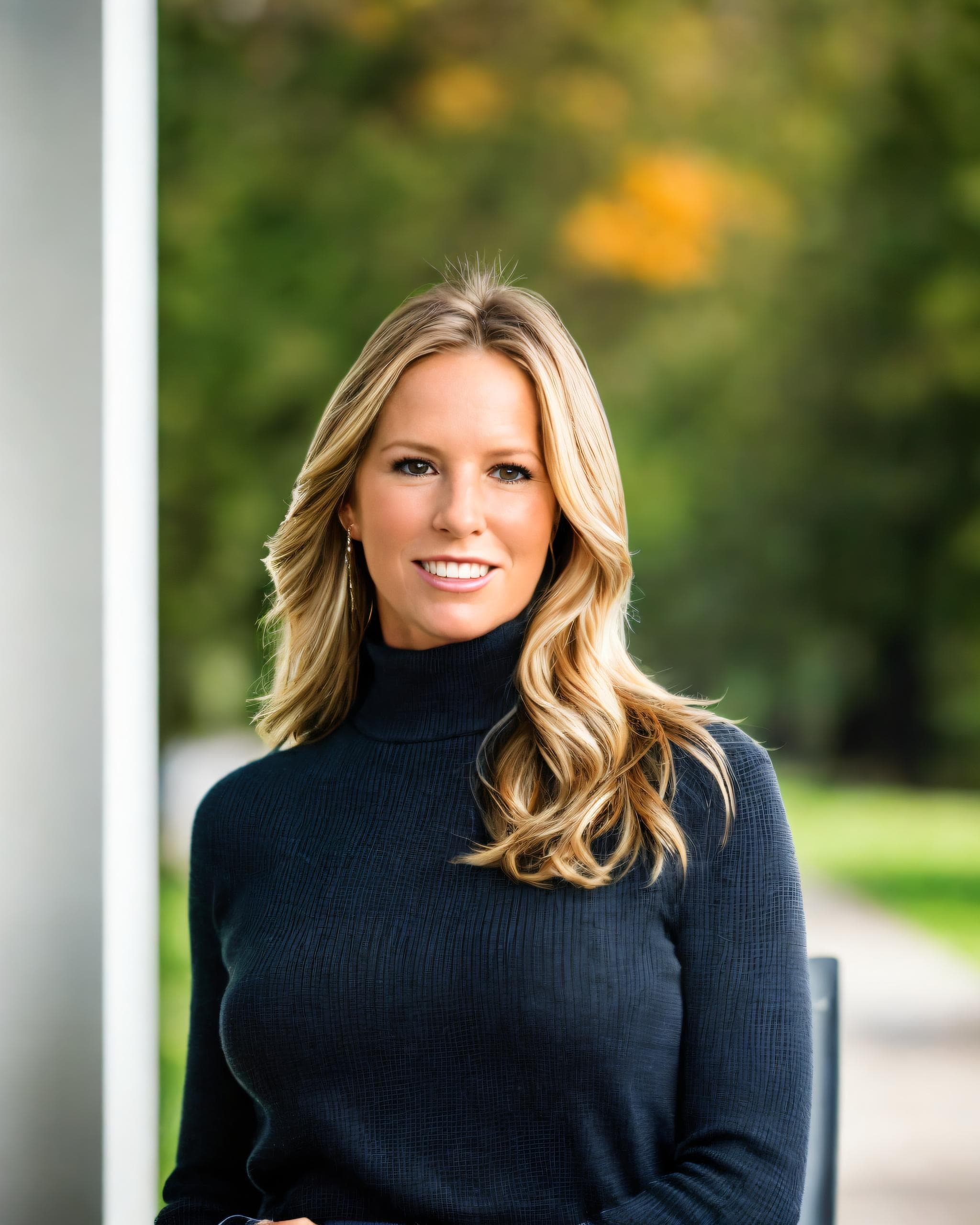Smiling blonde woman in a dark turtleneck sweater with a blurred green outdoor background.